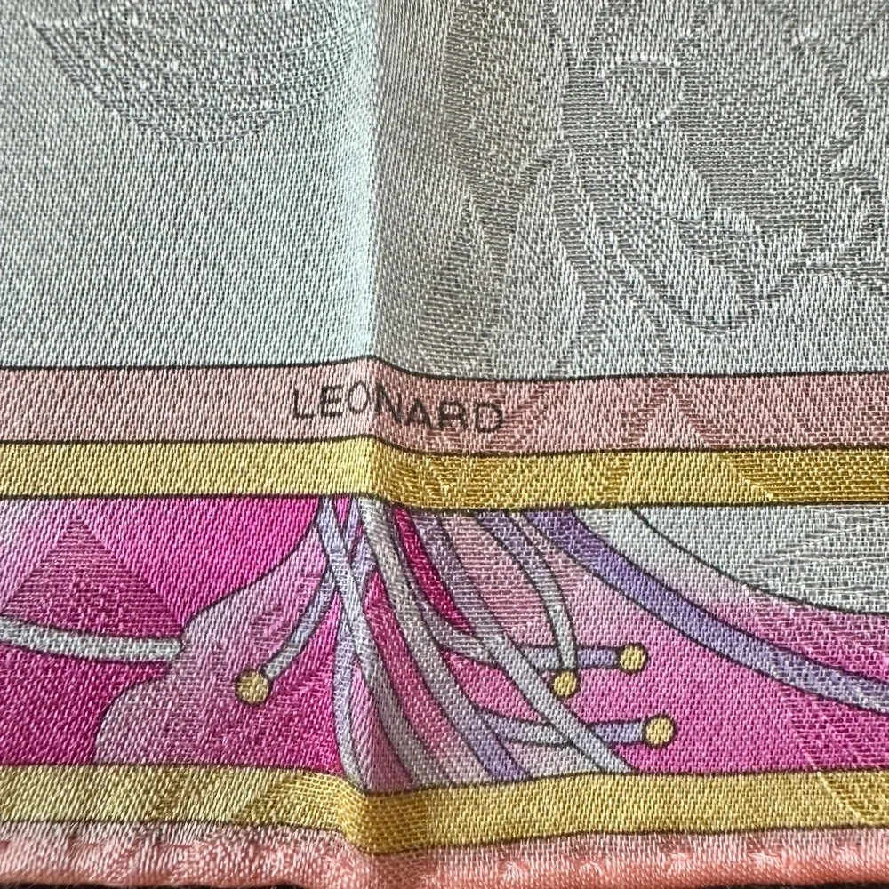 vintage Leonard Paris scarf with Pink and Gold Accents-with callouts